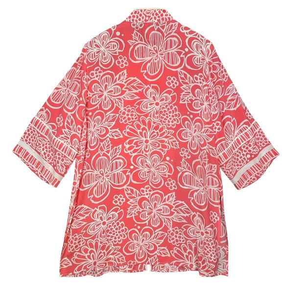 Bob Mackie‎ Wearable Art Women’s 100% Silk Pink/Peach White Floral Tunic Top M - Picture 2 of 6